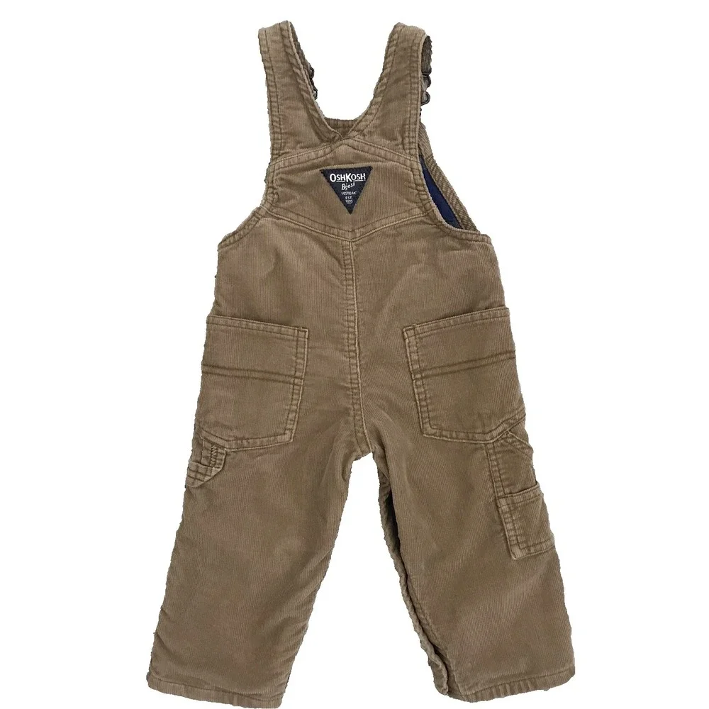 Oshkosh B'gosh Corduroy Vestbak Bib Overalls Flannel Lined Baby 9M Tan Snap Legs